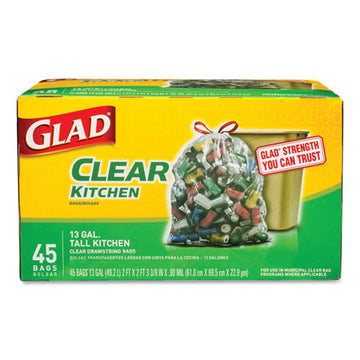 Glad® Recycling Tall Kitchen Drawstring Trash Bags, 13 Gal, 0.9 Mil, 24" X 27.38", Clear, 180-carton freeshipping - TVN Wholesale